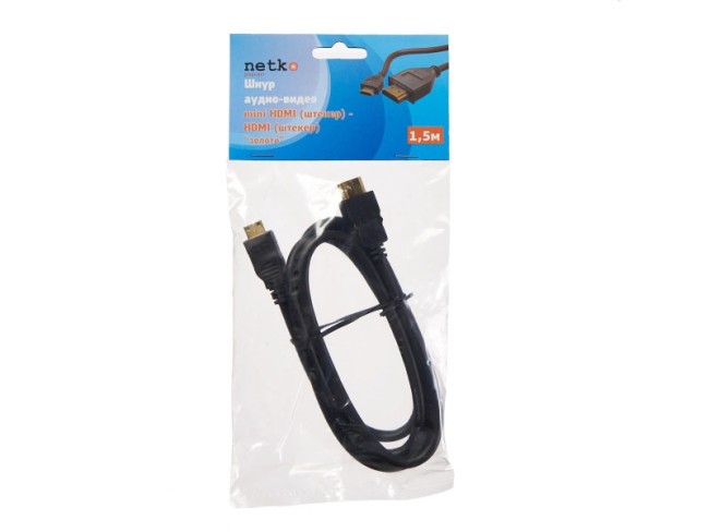 Шнур аудио-видео miniHDMI (штекер) - HDMI (штекер), золото (1,5 м) блистер (HDMI 1.3b), Netko