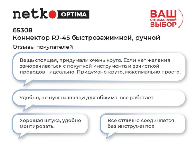 Коннектор RJ45 (8p8c) cat.5e, быстрозажимной ручной, для одножильного и многожильного UTP кабеля, NETKO Optima 10шт Коннектор RJ45 (8p8c) cat.5e, быстрозажимной ручной, для одножильного и многожильного UTP кабеля, NETKO Optima 10шт
