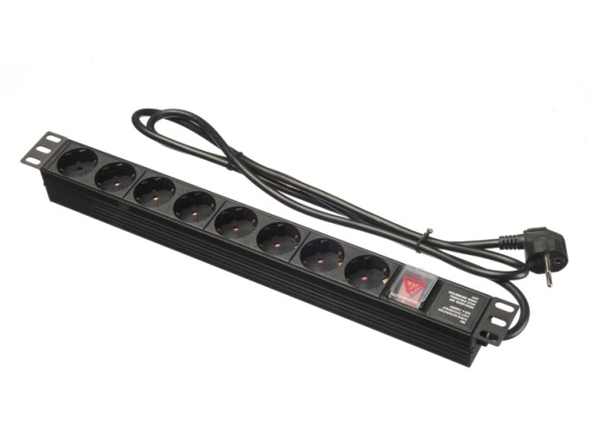 Блок розеток 19, 16А, 8 розеток, шнур 2м, выключатель, черный Netko S Блок розеток 19, 16А, 8 розеток, шнур 2м, выключатель, черный Netko S