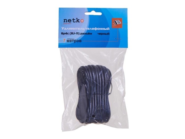 Удлинитель телефонный (6р4с) 7 метров / черный, блистер, Netko 20шт Удлинитель телефонный (6р4с) 7 метров / черный, блистер, Netko 20шт