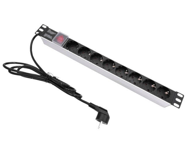 Блок розеток 19, 16А, 8 розеток, шнур 2м, выключатель, корпус алюминий серебряный, лицевая панель - чёрный