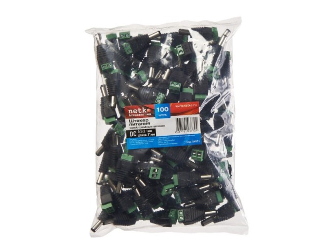 Штекер питания DC 5,5/2,1, длина 11мм, с резьбовым креплением, черный, NETKO Optima 20шт Штекер питания DC 5,5/2,1, длина 11мм, с резьбовым креплением, черный, NETKO Optima 20шт