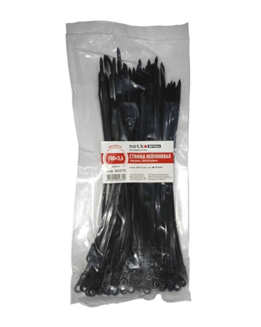 Стяжка нейлоновая 200*3,6 / 100 шт под винт, светостойкая (черная), NETKO Optima SZ