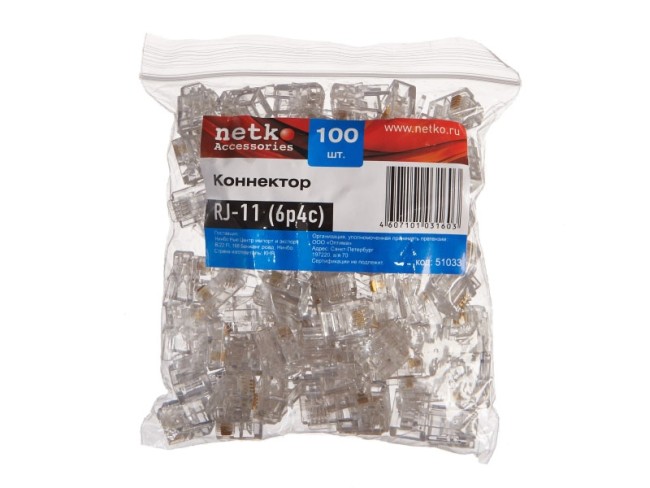Коннектор RJ11 (6p4c), (нож с 2-мя зубцами), 100шт., NETKO Optima Коннектор RJ11 (6p4c), (нож с 2-мя зубцами), 100шт., NETKO Optima