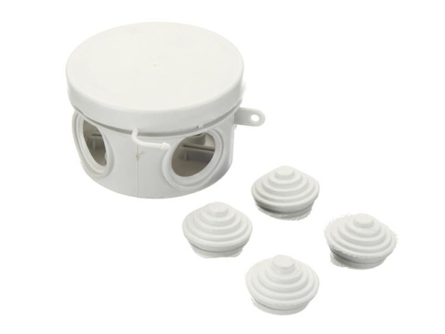 Коробка распаячная для открытой проводки 65*40 (круглая), 4 входа с гермовводами, IP54, серая 20 шт Коробка распаячная для открытой проводки 65*40 (круглая), 4 входа с гермовводами, IP54, серая 20 шт