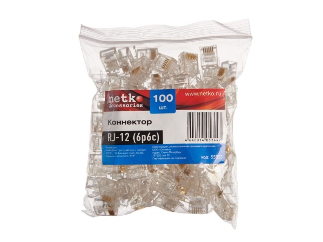 Коннектор RJ12 (6p6c), (нож с 2-мя зубцами), 100шт., NETKO Optima Коннектор RJ12 (6p6c), (нож с 2-мя зубцами), 100шт., NETKO Optima