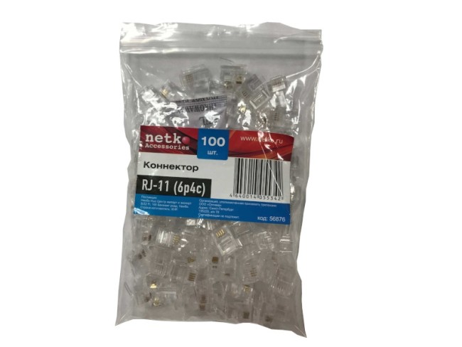 Коннектор RJ11 (6p4c), (нож с 2-мя зубцами), 100шт. NETKO Optima A Коннектор RJ11 (6p4c), (нож с 2-мя зубцами), 100шт. NETKO Optima A