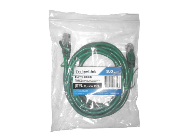 Патч-корд Technolink UTP4 cat 5e, ВС, LSZH, зеленый, литой коннектор 5 шт Патч-корд Technolink UTP4 cat 5e, ВС, LSZH, зеленый, литой коннектор 5 шт