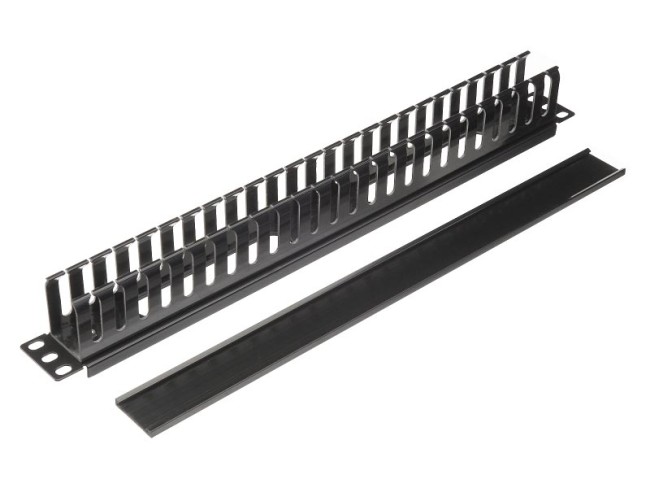 Кабельный органайзер 19, 1U, металлический, с пласт. крышкой, пласт. кольца, черный SB Кабельный органайзер 19, 1U, металлический, с пласт. крышкой, пласт. кольца, черный SB