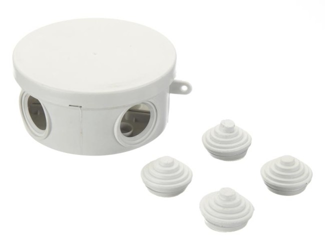 Коробка распаячная для открытой проводки 85*40 (круглая), 4 входа с гермовводами, IP54, серая 20 шт Коробка распаячная для открытой проводки 85*40 (круглая), 4 входа с гермовводами, IP54, серая 20 шт