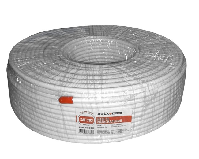 Кабель коаксиальный SAT-703, B, 75 Ом (CU, оплетка 48 нитей CCA), белый (10м) NETKO Optima Кабель коаксиальный SAT-703, B, 75 Ом (CU, оплетка 48 нитей CCA), белый (10м) NETKO Optima