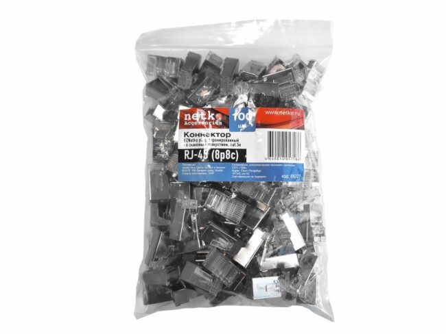 Коннектор RJ45 (8p8c) cat.5е, со сквозным отверстием (сквозной) EZNetko plug, экранированный, для одножильного и многожильного кабеля (нож с 2-мя зубцами), 20шт, NETKO Optima 2 Коннектор RJ45 (8p8c) cat.5е, со сквозным отверстием (сквозной) EZNetko plug, экранированный, для одножильного и многожильного кабеля (нож с 2-мя зубцами), 20шт, NETKO Optima 2