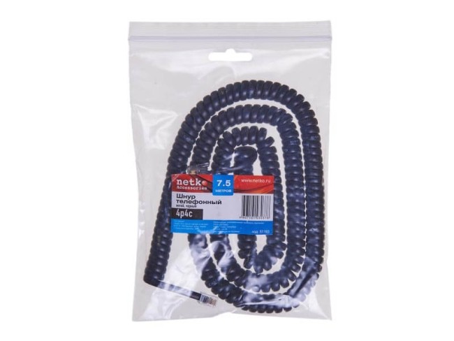 Шнур телефонный витой (4р4с) 7,5 метра / черный, NETKO Optima Шнур телефонный витой (4р4с) 7,5 метра / черный, NETKO Optima