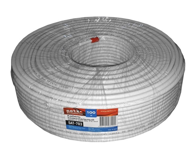 Кабель коаксиальный SAT-703, 75 Ом (CU, оплетка 48 нитей TnCCA), белый (50м) NETKO Optima Кабель коаксиальный SAT-703, 75 Ом (CU, оплетка 48 нитей TnCCA), белый (50м) NETKO Optima