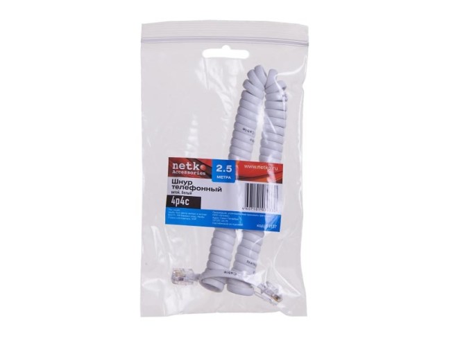 Шнур телефонный витой (4р4с) 2,5 метра / белый, NETKO Optima Шнур телефонный витой (4р4с) 2,5 метра / белый, NETKO Optima
