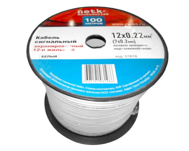 Кабель сигнальный, экранированный 12*0.22мм2 (7*0.2мм) 3м, алюминий, пластиковая катушка, белый NETKO Optima Кабель сигнальный, экранированный 12*0.22мм2 (7*0.2мм) 3м, алюминий, пластиковая катушка, белый NETKO Optima