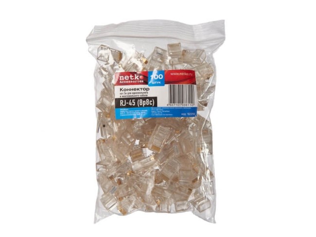 Коннектор RJ45 (8p8c) cat.5е, для одножильного и многожильного кабеля (нож с 2-мя зубцами), 100шт, NETKO Optima Коннектор RJ45 (8p8c) cat.5е, для одножильного и многожильного кабеля (нож с 2-мя зубцами), 100шт, NETKO Optima