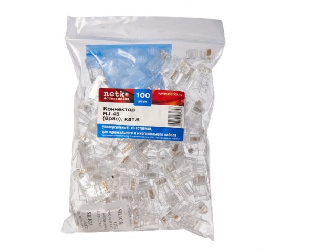 Коннектор RJ45 (8p8c) cat.6, со вставкой, для одножильного и многожильного кабеля (нож с 3-мя зубцами), 100шт., NETKO Expert CKC Коннектор RJ45 (8p8c) cat.6, со вставкой, для одножильного и многожильного кабеля (нож с 3-мя зубцами), 100шт., NETKO Expert CKC