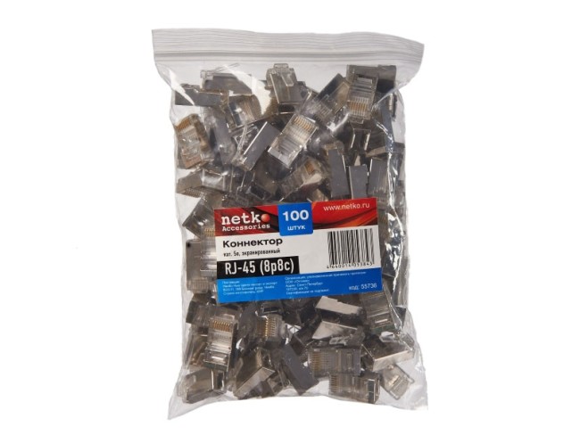 Коннектор RJ45 (8p8c) cat.5е, экранированный, для одножильного и многожильного кабеля (нож с 2-мя зубцами), 100шт, NETKO Optima Коннектор RJ45 (8p8c) cat.5е, экранированный, для одножильного и многожильного кабеля (нож с 2-мя зубцами), 100шт, NETKO Optima