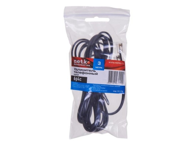 Удлинитель телефонный (6р4с) 3 метра / черный NETKO Optima Удлинитель телефонный (6р4с) 3 метра / черный NETKO Optima