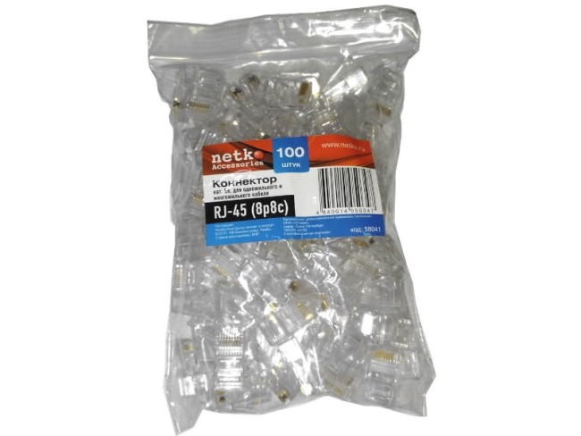Коннектор RJ45 (8p8c) cat.5е, для одножильного и многожильного кабеля (нож с 3-мя зубцами), 100шт, NETKO Optima Коннектор RJ45 (8p8c) cat.5е, для одножильного и многожильного кабеля (нож с 3-мя зубцами), 100шт, NETKO Optima