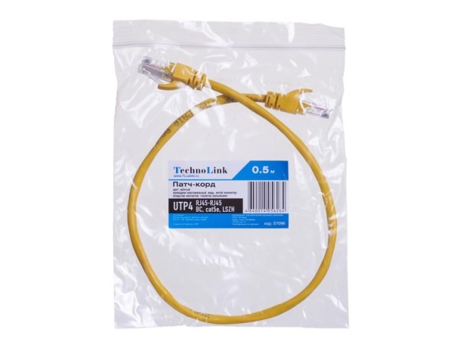 Патч-корд Technolink UTP4 cat 5e, ВС, LSZH, желтый, литой коннектор 20 шт