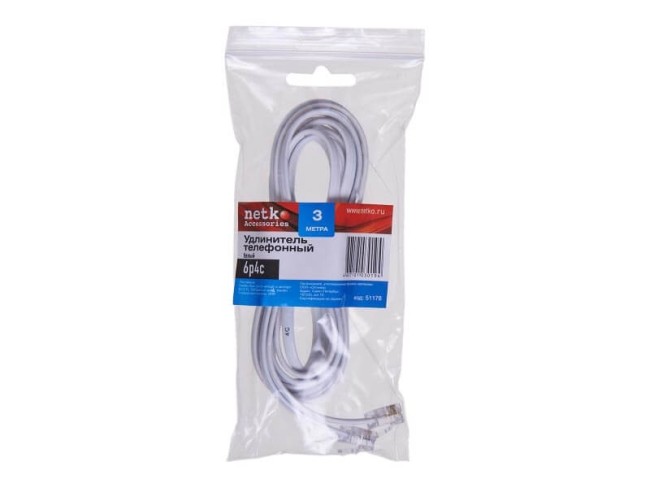 Удлинитель телефонный (6р4с) 3 метра / белый NETKO Optima 20шт Удлинитель телефонный (6р4с) 3 метра / белый NETKO Optima 20шт