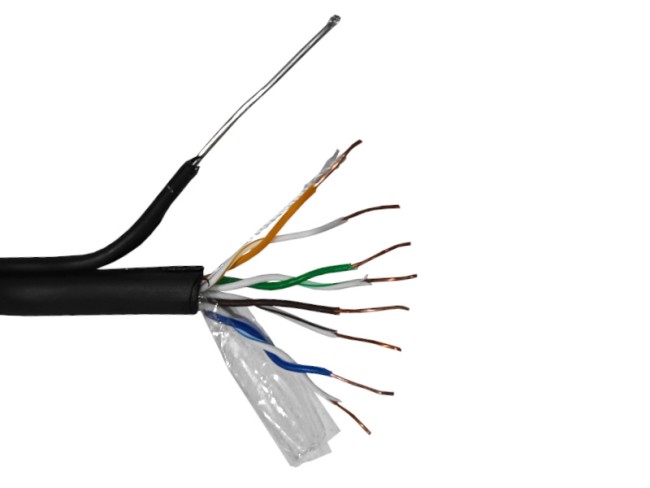 Кабель UTP4 cat.5е, одножильный, Cu, для наружных работ с проволочным тросом, Проходит Fluke тест, черный, NETKO Optima Gold 305м Кабель UTP4 cat.5е, одножильный, Cu, для наружных работ с проволочным тросом, Проходит Fluke тест, черный, NETKO Optima Gold 305м