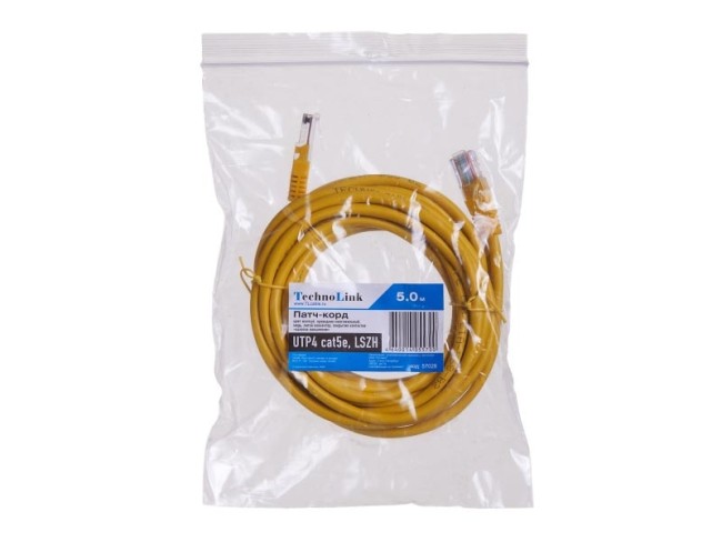 Патч-корд Technolink UTP4 cat 5e, ВС, LSZH, желтый, литой коннектор Патч-корд Technolink UTP4 cat 5e, ВС, LSZH, желтый, литой коннектор