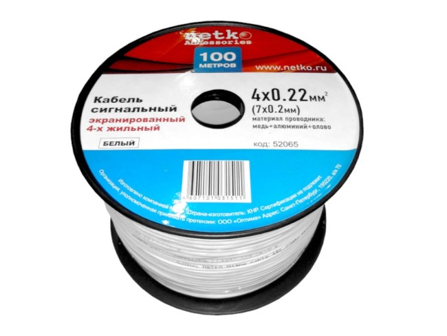 Кабель сигнальный, экранированный 4*0.22мм2 (7*0.2мм) 2м, алюминий, пластиковая катушка, белый NETKO Optima Кабель сигнальный, экранированный 4*0.22мм2 (7*0.2мм) 2м, алюминий, пластиковая катушка, белый NETKO Optima