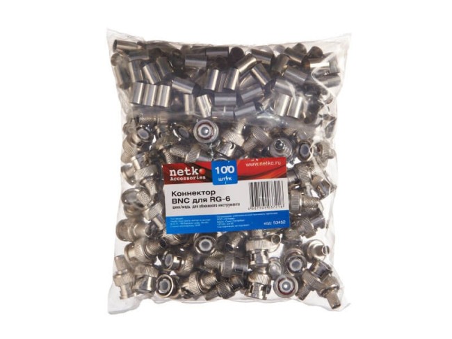 Коннектор BNC для RG-6/SAT-703, цинк/медь, для обжимного инструмента NETKO Optima 20 шт Коннектор BNC для RG-6/SAT-703, цинк/медь, для обжимного инструмента NETKO Optima 20 шт
