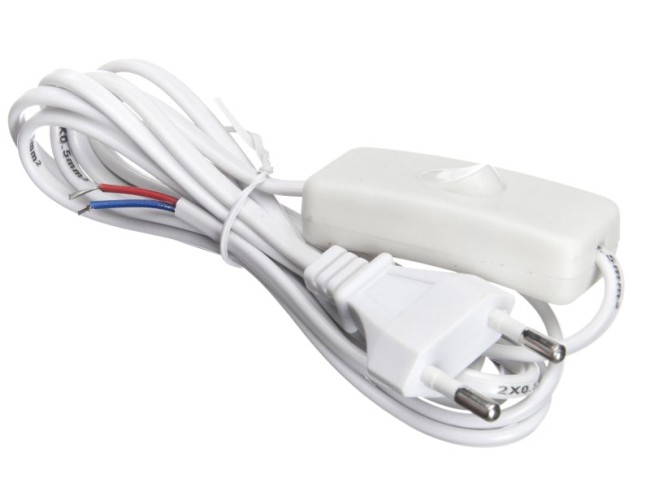 Кабель питания с выключателем и вилкой (без разъема - шнур для бра) 2*0,5мм2, 220V/2,5A, 1,8м, белый, NETKO Optima Кабель питания с выключателем и вилкой (без разъема - шнур для бра) 2*0,5мм2, 220V/2,5A, 1,8м, белый, NETKO Optima