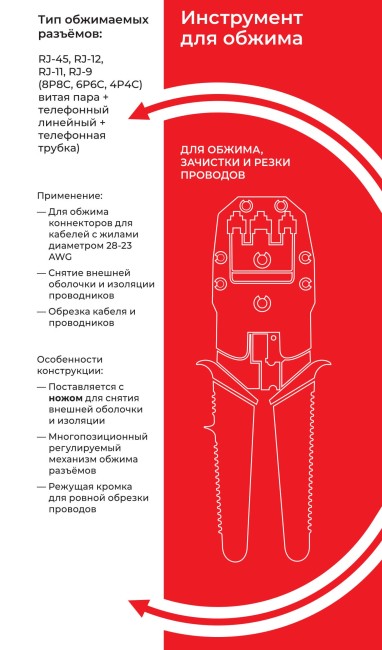 N-200 Инструмент для обжима (кримпер)  8P8C/RJ45,6P6C/RJ12,6P4C/RJ11,6P2C,4P4C,4P2C/Plugs&Dec/ OFF set plug 6P6C  металлический, NETKO Optima