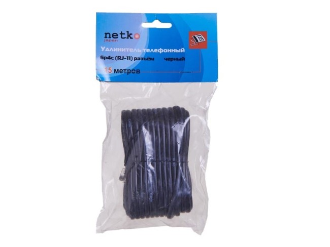 Удлинитель телефонный (6р4с) 15 метров / черный, блистер, Netko 20шт Удлинитель телефонный (6р4с) 15 метров / черный, блистер, Netko 20шт